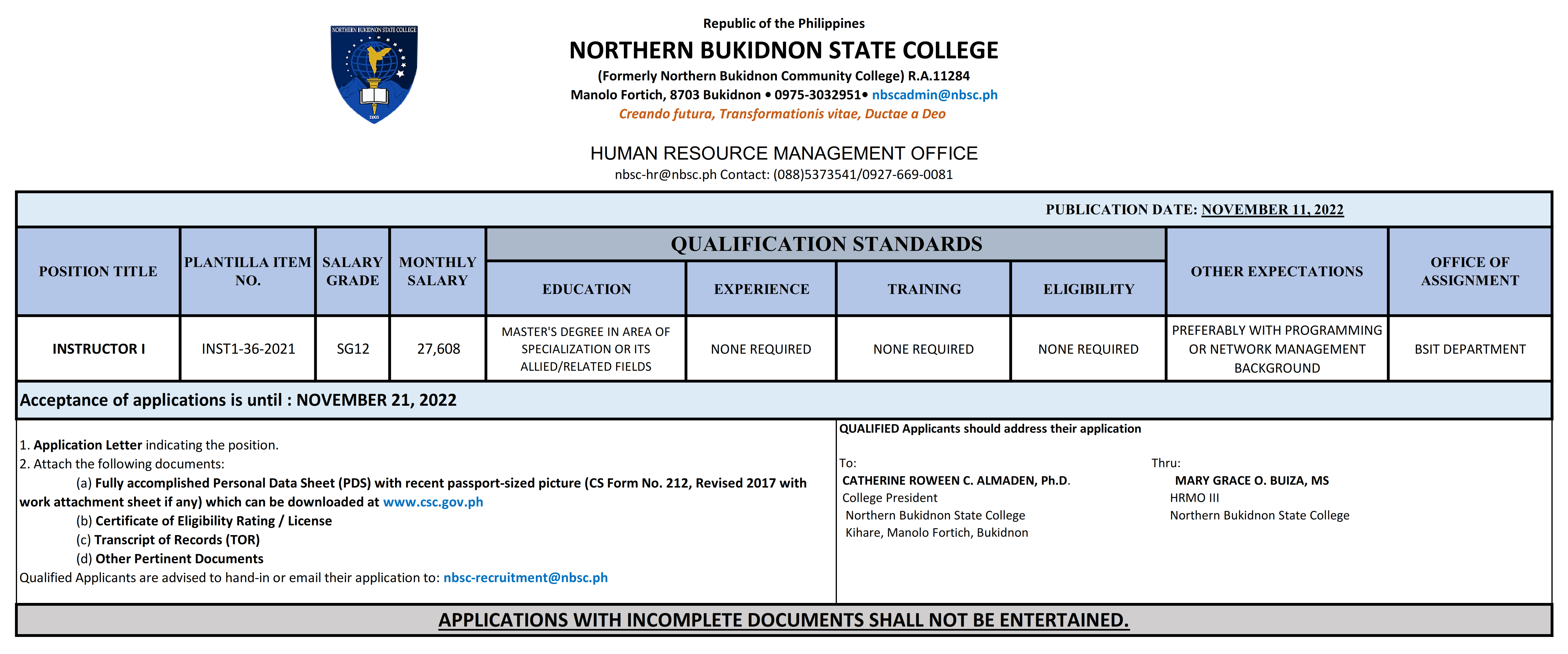 HIRING Instructor I Plantilla Position for BSIT Dept Northern 